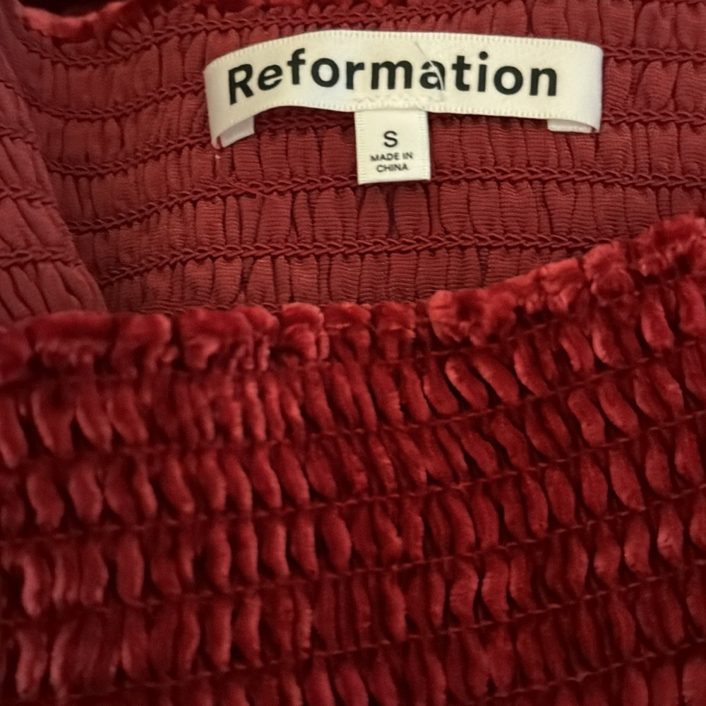 Reformation Albi Crimson Red Velvet Smocked Long Sleeve Mini Dress Sz Small Silk - Picture 6 of 8